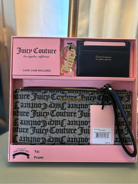 Juicy Couture Handbags - Juicy Couture Black & Beige Logo Wristlet with Gold Hardware
